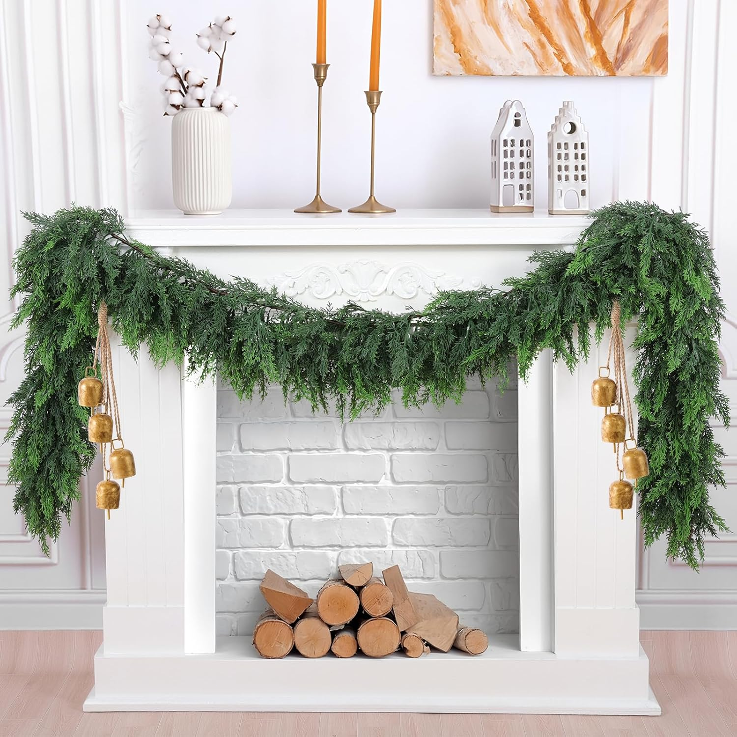 6 FT 2 Pcs Artificial Cedar Garlands, Real Touch Winter Cedar Garland, Green Artificial Greenery Pine Garland for Table, Mantle, Wall, Indoor, Outdoor Christmas Decorations (2, 6 FT)