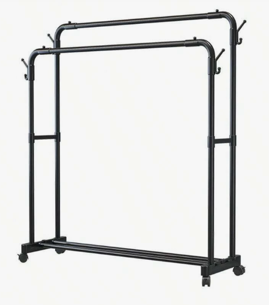 79 Inches (About 200.6 Cm)  Double Rods Garment Rack with Wheels, Clothing Rack for Hanging Clothes,4 Hooks, Multi-functional Bedroom Clothes Rack